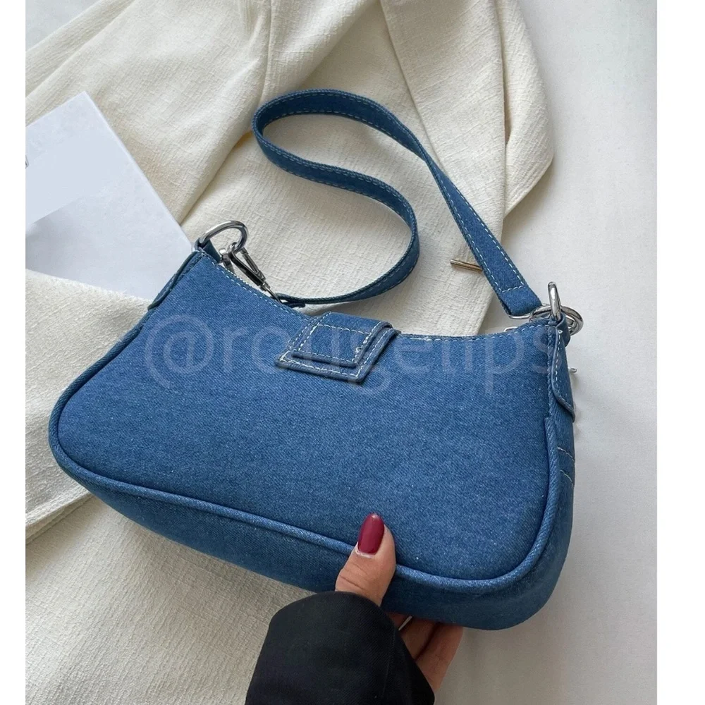 Small Blue Denim Baguette Bag Strap Buckle Chain Zipper - Picture 5 of 8